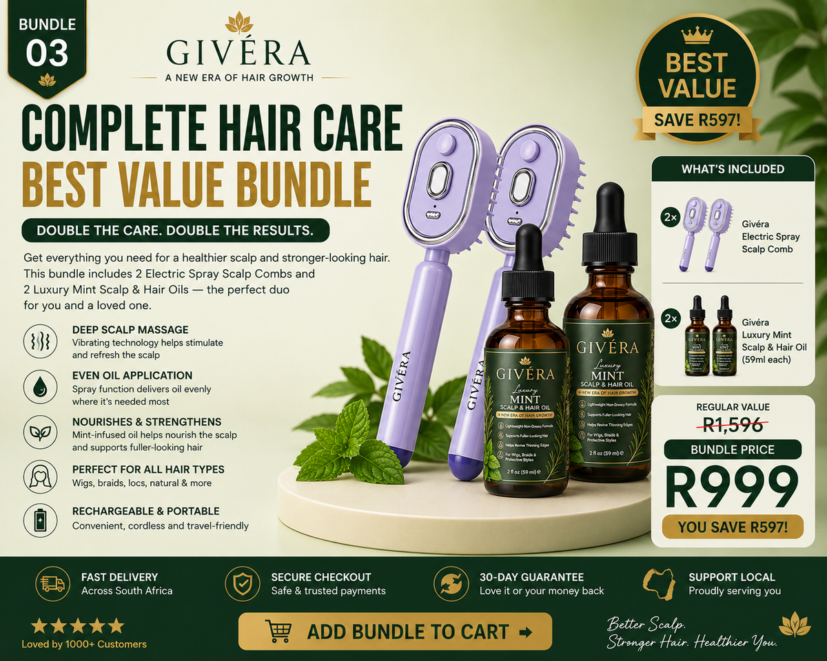 Givéra Complete Hair Care Bundle — 2 Electric Spray Scalp Combs + 2 Luxury Mint Hair Oils