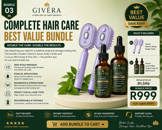 Givéra Complete Hair Care Bundle — 2 Electric Spray Scalp Combs + 2 Luxury Mint Hair Oils